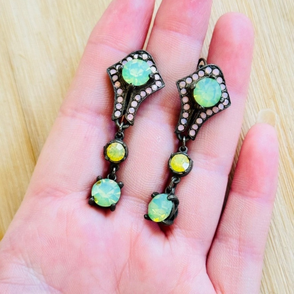 VTG Art Deco Style Earrings Opaque Austrian Crystal Rhinestone Pierced Dangle